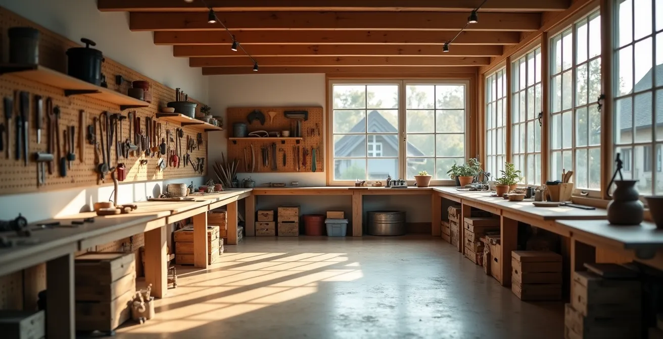 Vue d'ensemble d'un atelier d'artisan local bien organisé