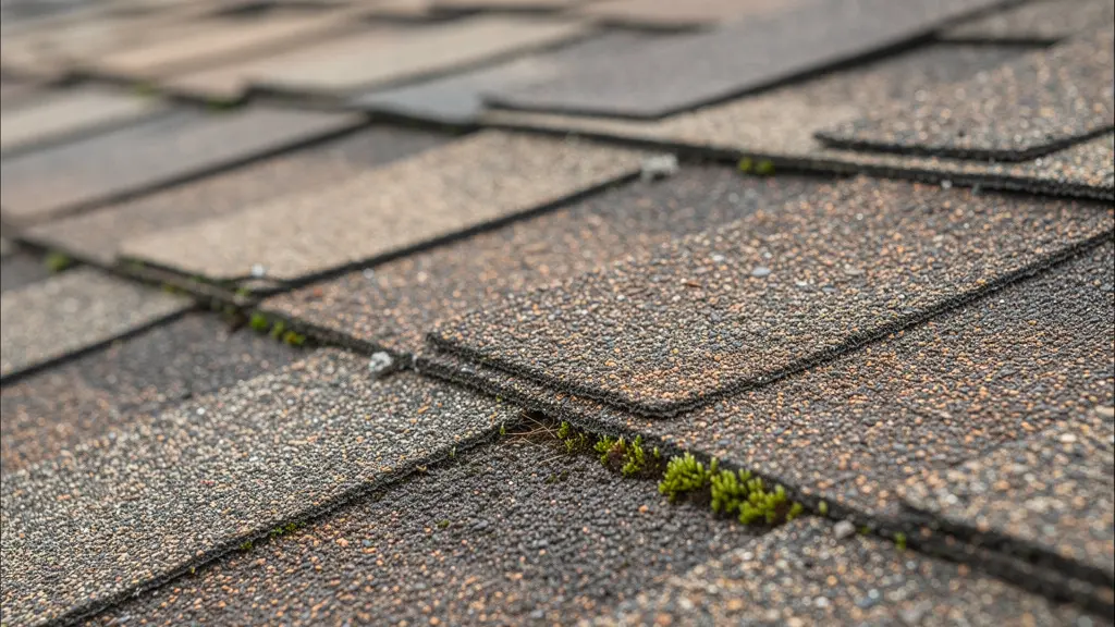 Gros plan sur bardeaux d'asphalte montrant signes d'usure avec perte de granules