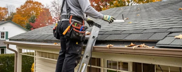 Couvreur professionnel inspectant une toiture en bardeaux sur maison québécoise
