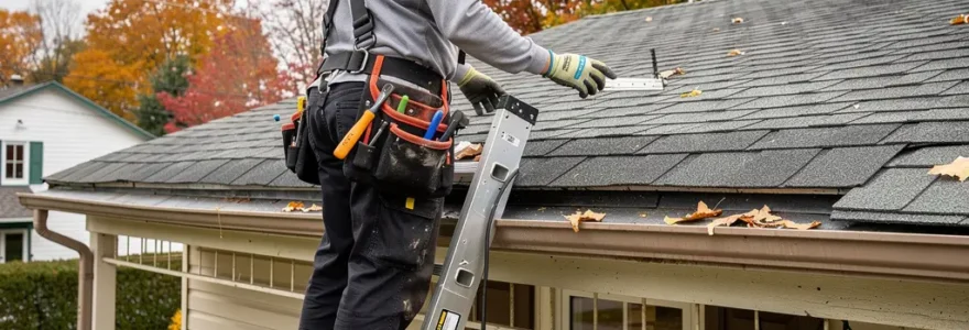Couvreur professionnel inspectant une toiture en bardeaux sur maison québécoise