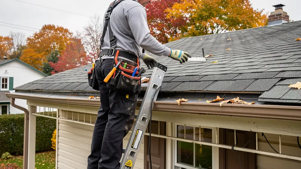Couvreur professionnel inspectant une toiture en bardeaux sur maison québécoise