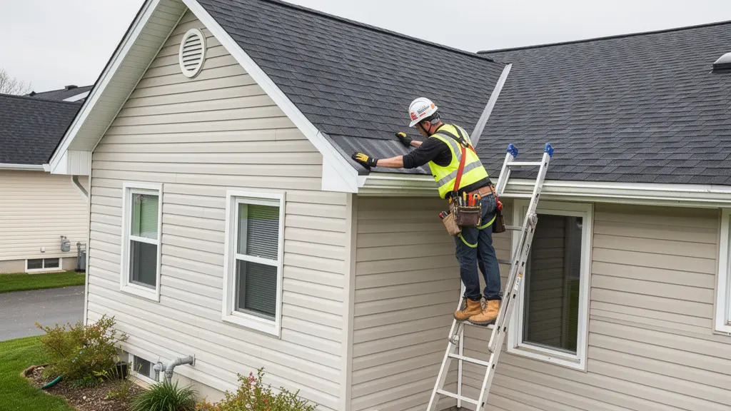 Couvreur professionnel inspectant une toiture résidentielle québécoise