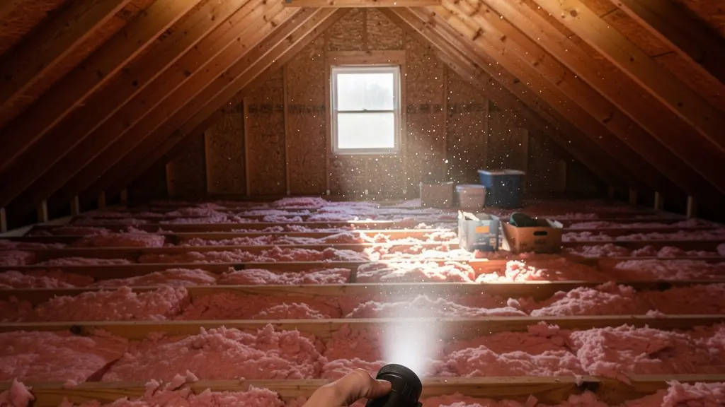 Intérieur de grenier québécois avec faisceau lumineux révélant la charpente et l'isolant