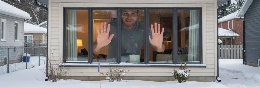 Maison unifamiliale québécoise en hiver avec fenêtres triple vitrage modernes et lumière intérieure chaleureuse