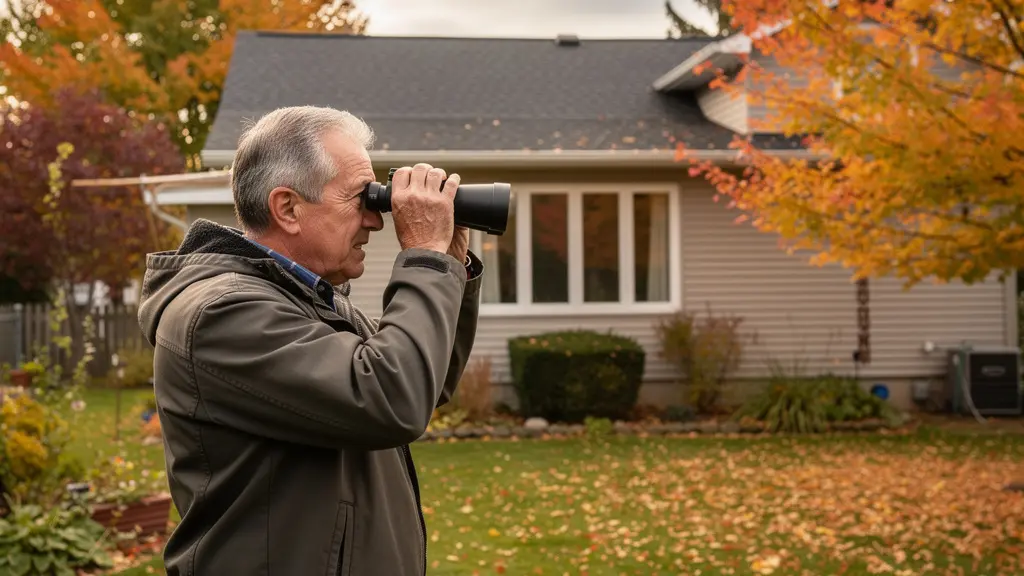Propriétaire observant sa toiture depuis son jardin avec jumelles en automne