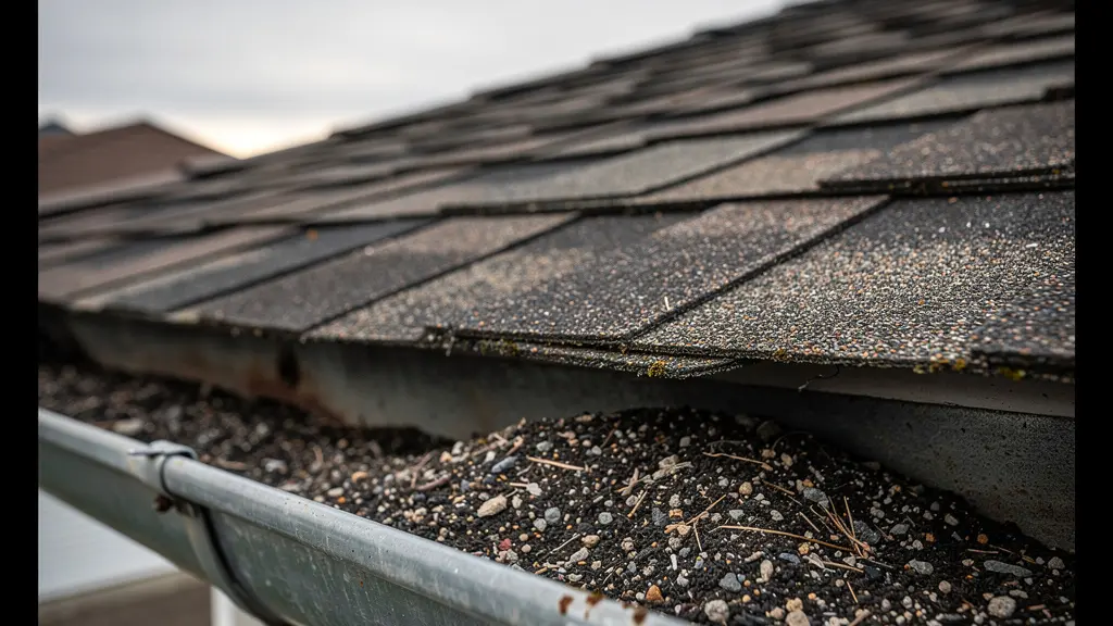 Gros plan sur bardeaux d'asphalte usés avec granules visibles dans gouttière