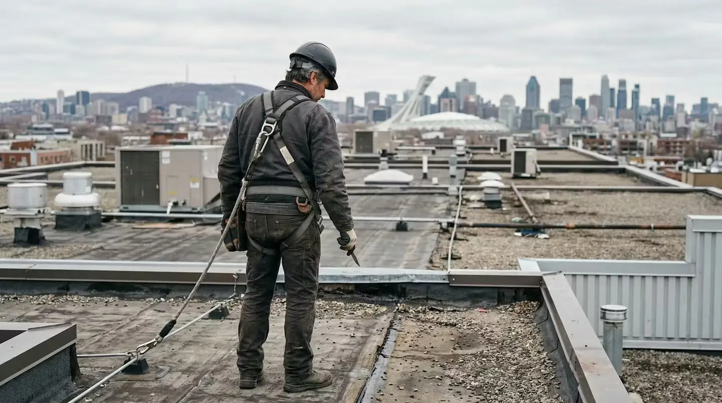 Couvreur québécois inspectant un toit plat avec équipement de sécurité