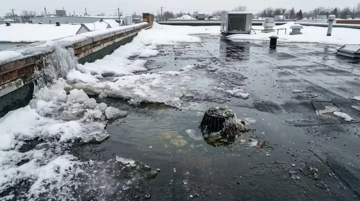 Mélange de neige fondante et glace sur toit plat lors d'un redoux québécois