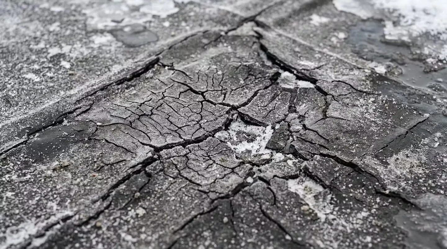 Détail de membrane élastomère présentant des fissures dues au gel-dégel