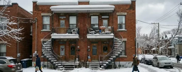 Triplex montréalais typique avec toit plat couvert de neige en hiver