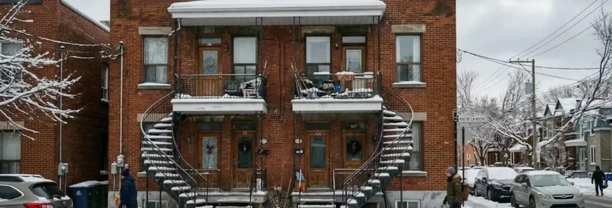 Triplex montréalais typique avec toit plat couvert de neige en hiver
