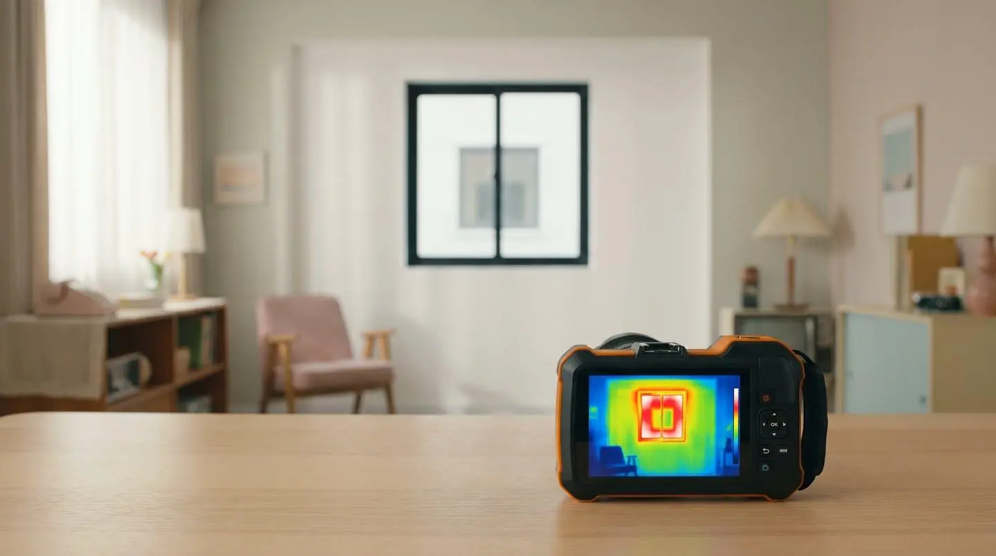 Caméra thermique infrarouge posée sur une table affichant une image thermographique colorée révélant les déperditions de chaleur d