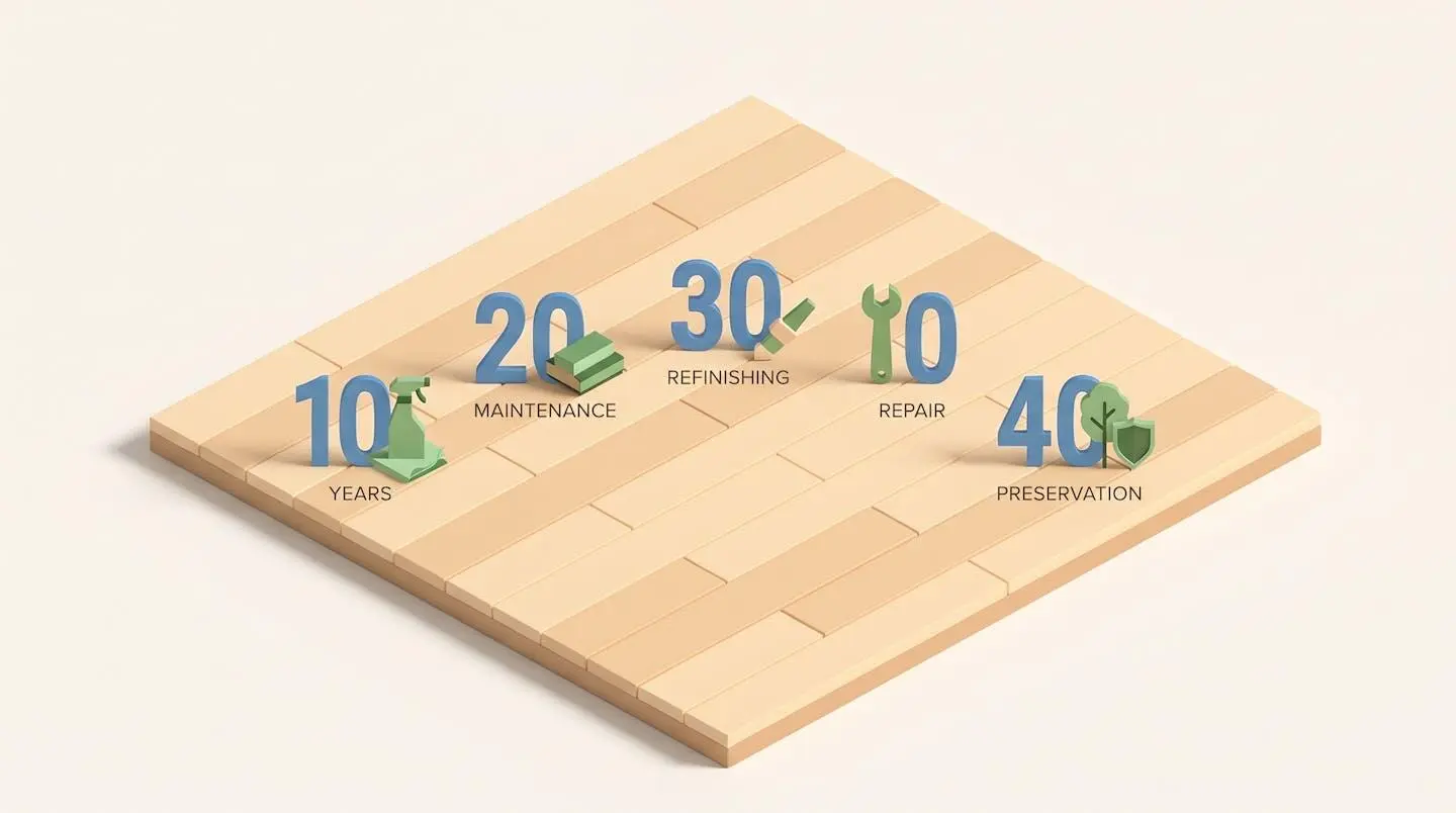 Illustration de la longévité du plancher en bois franc sur plusieurs décennies