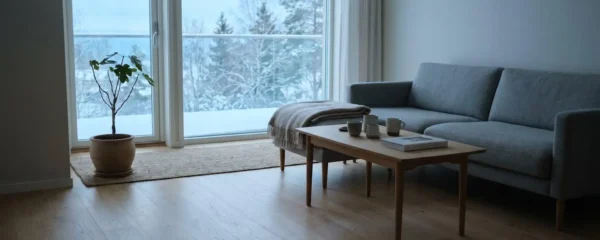 Salon lumineux avec plancher en bois franc de chêne clair et décoration scandinave