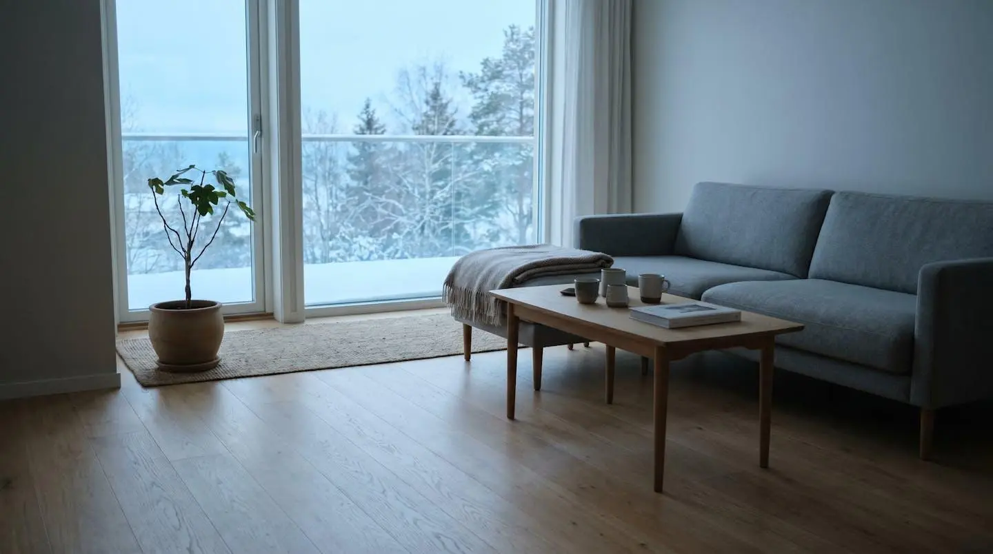 Salon lumineux avec plancher en bois franc de chêne clair et décoration scandinave