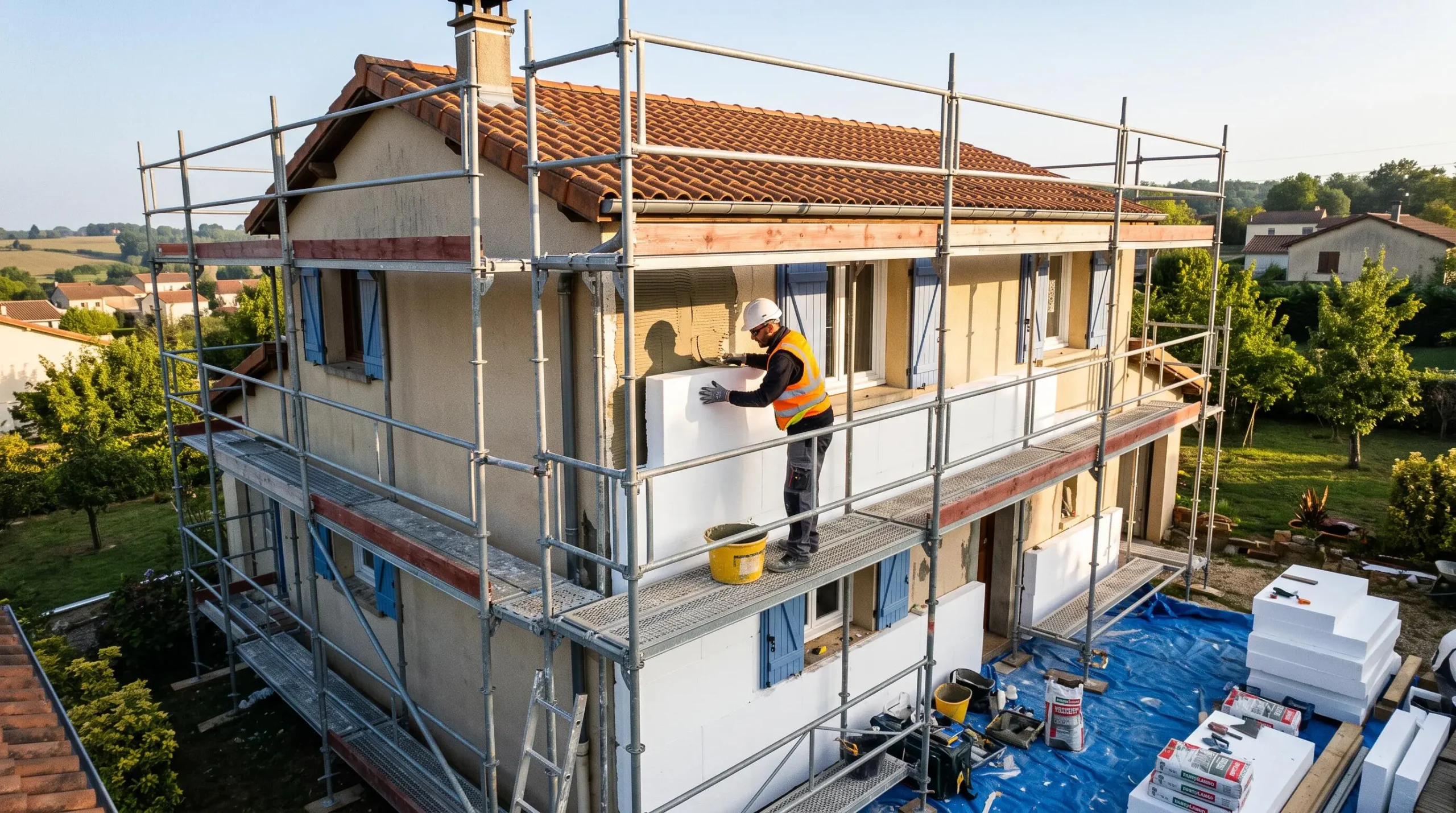 Artisan installant un panneau isolant polystyrène blanc sur la façade d'une maison résidentielle française, échafaudage métallique visible, chantier d'isolation thermique extérieure actif