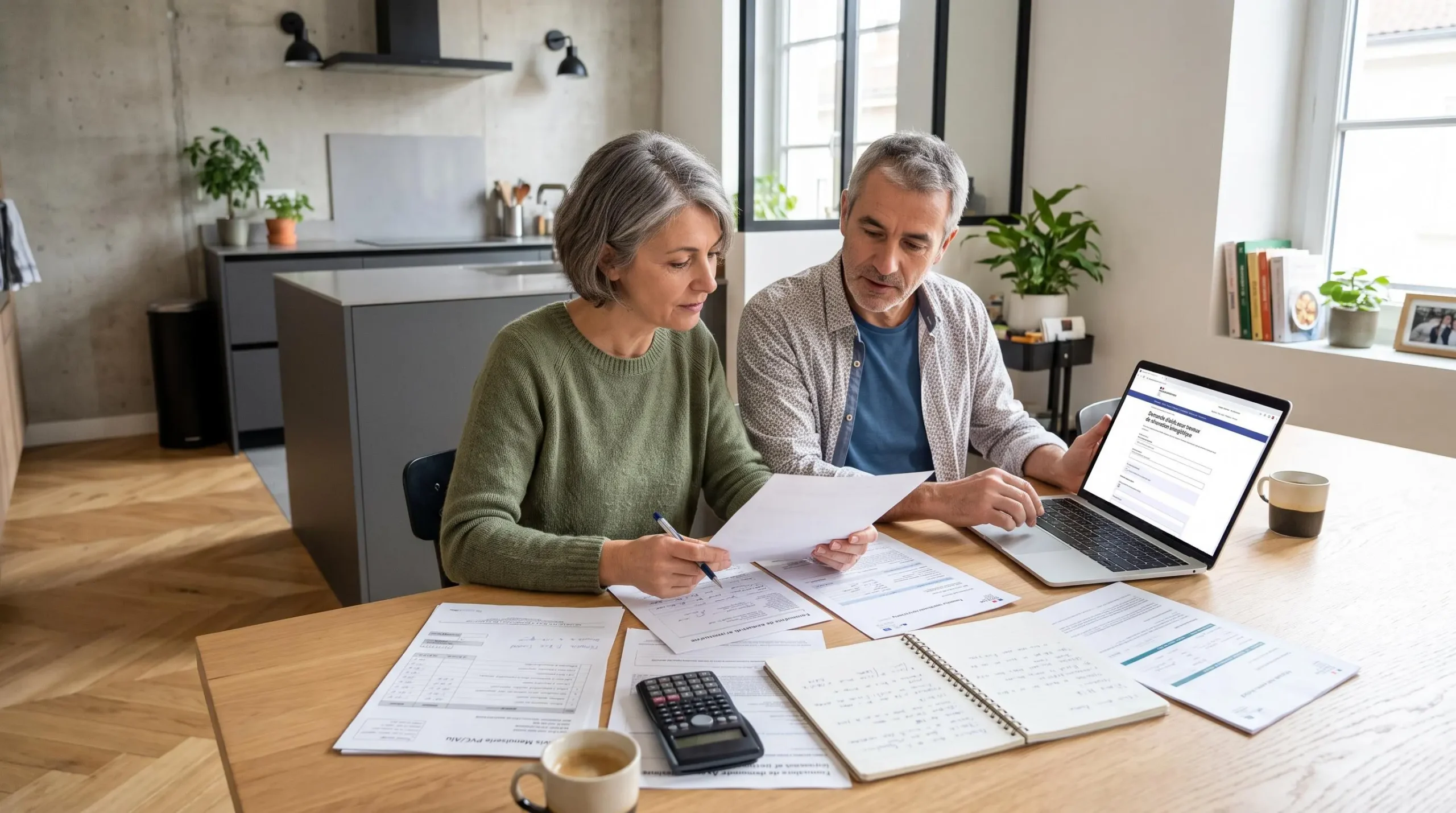 Couple de propriétaires à leur table consultant des devis et dossiers d'aides financières ITE sur ordinateur et documents papier, planification budget projet rénovation