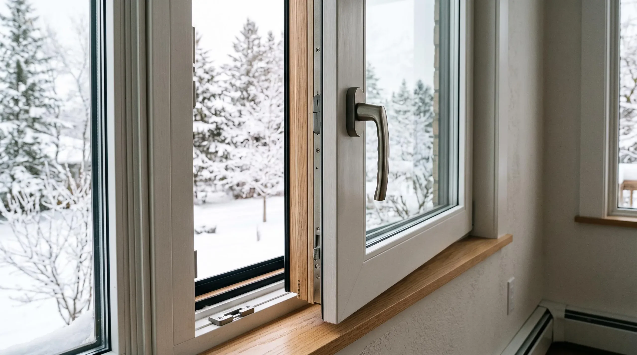 Vue rapprochée d'une fenêtre à triple vitrage moderne installée dans une maison canadienne, montrant l'épaisseur du vitrage et la qualité du cadre, avec un paysage hivernal visible à l'extérieur.
