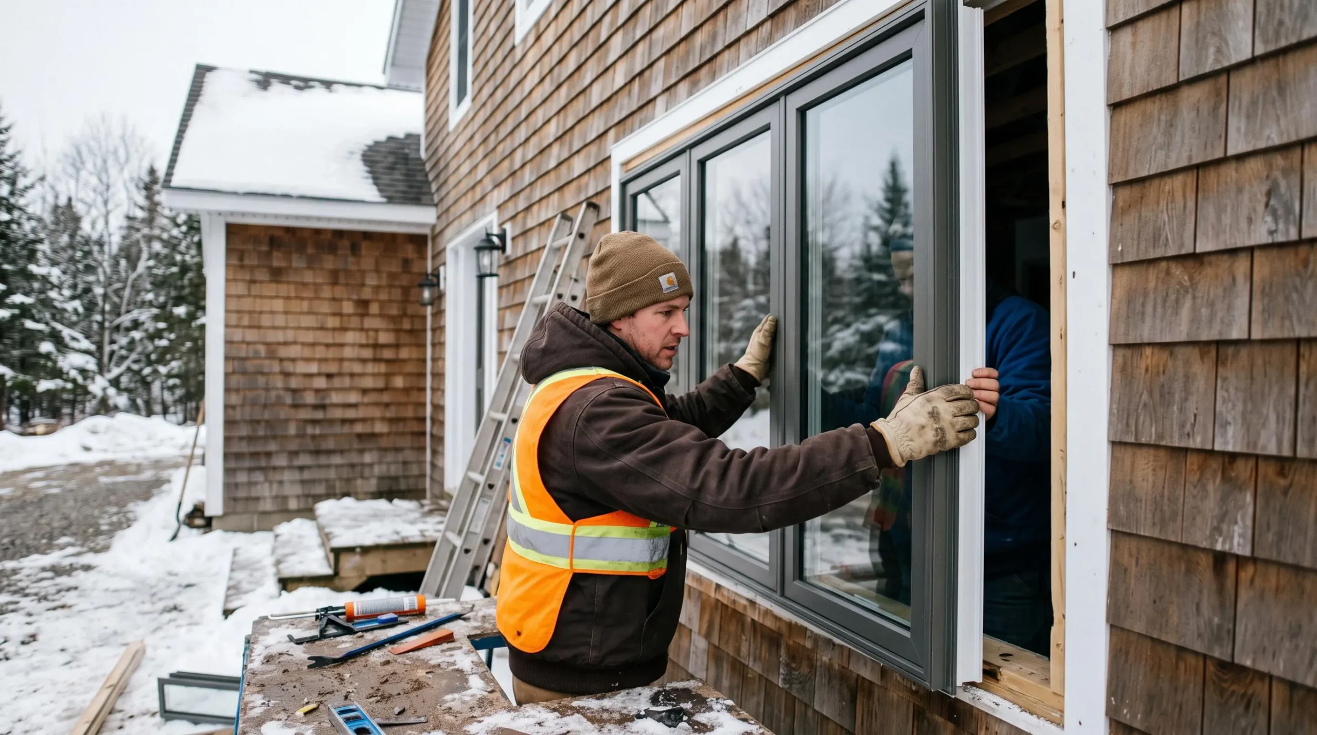 Un installateur professionnel en train de poser une fenêtre moderne à triple vitrage dans l'ouverture d'une maison résidentielle canadienne en bois, pendant l'hiver.