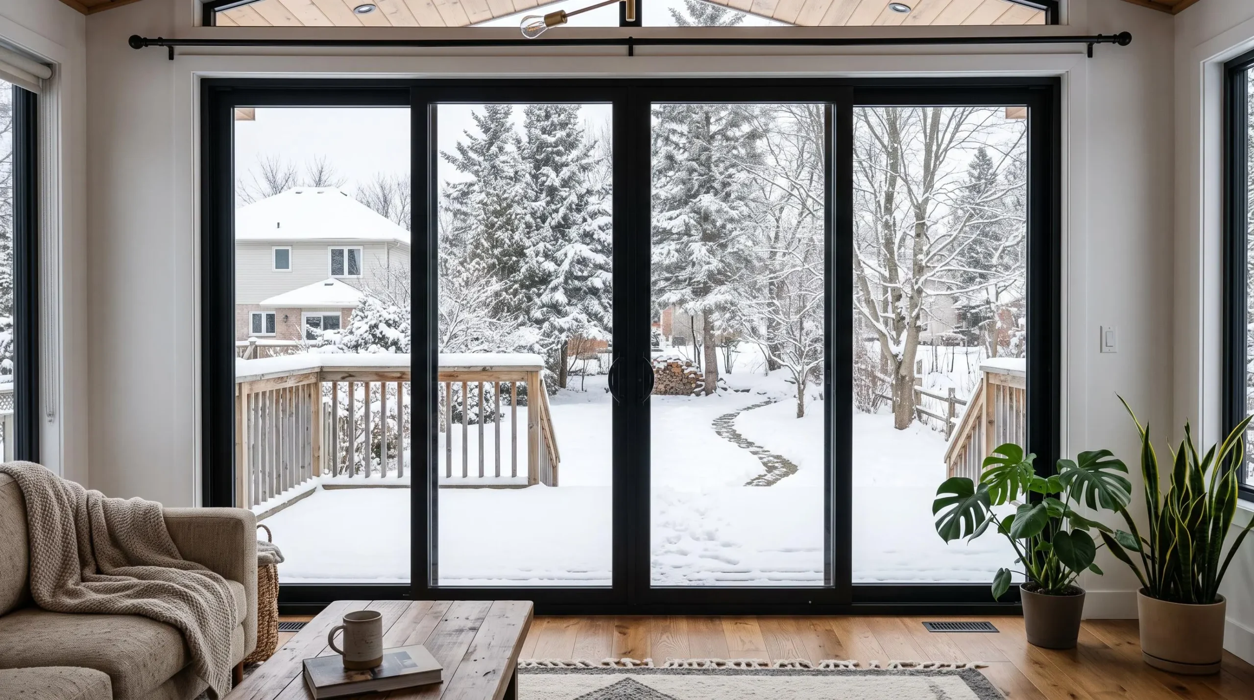Grande porte-fenêtre moderne avec larges panneaux vitrés installée dans un salon canadien, donnant vue sur un jardin enneigé, avec lumière naturelle abondante à l'intérieur.