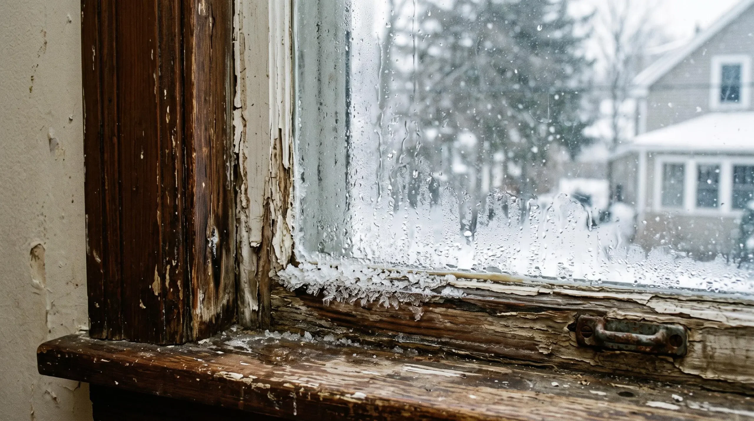 Vieille fenêtre d'une maison canadienne présentant une forte condensation sur le vitrage, du givre sur les bords et des joints de calfeutrage vieillis et fissurés.